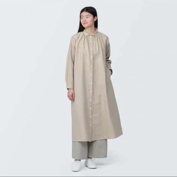 MUJI Linen Washed Long Sleeve Shirt Dress Natural Color L Minimalist Sustainable - Picture 3 of 9